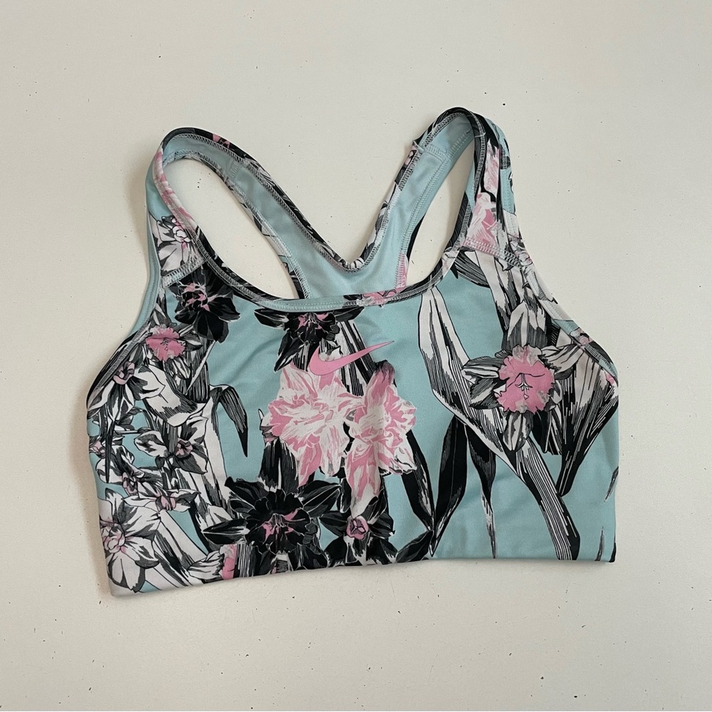 Nike Sports Bra Dri Fit Racerback Floral Logo Athletic Blue Pink White Black